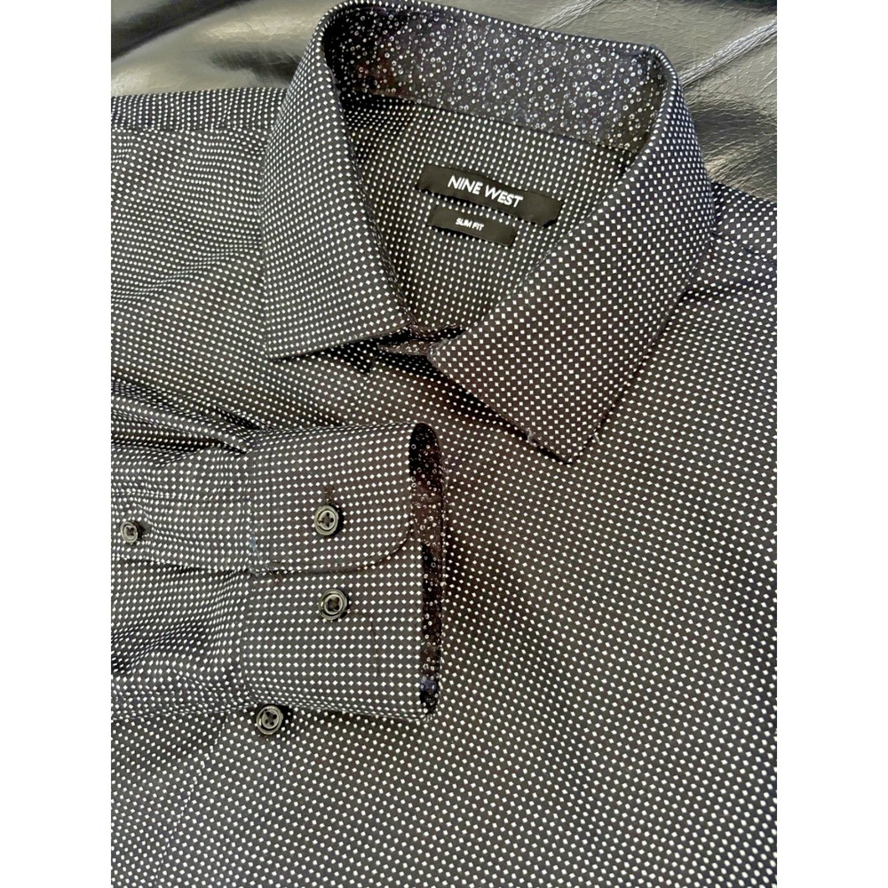 Nine West Mens Slim Fit Button Down Shirt Navy Geometric Print 16-16.5 32/33